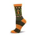 Crew socks in olive green and burnt orange with a repeating floral pattern and a central owl image.