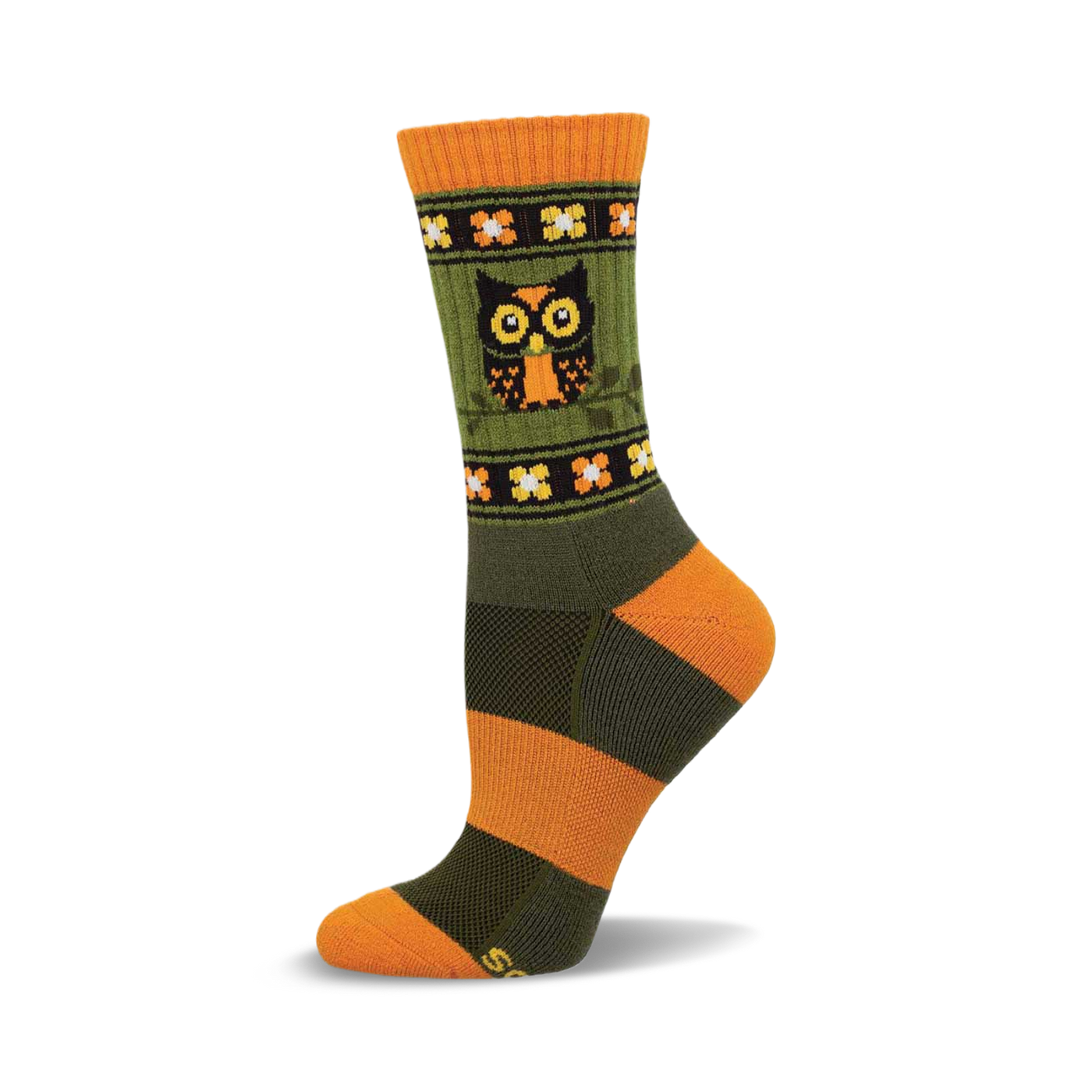 Crew socks in olive green and burnt orange with a repeating floral pattern and a central owl image.