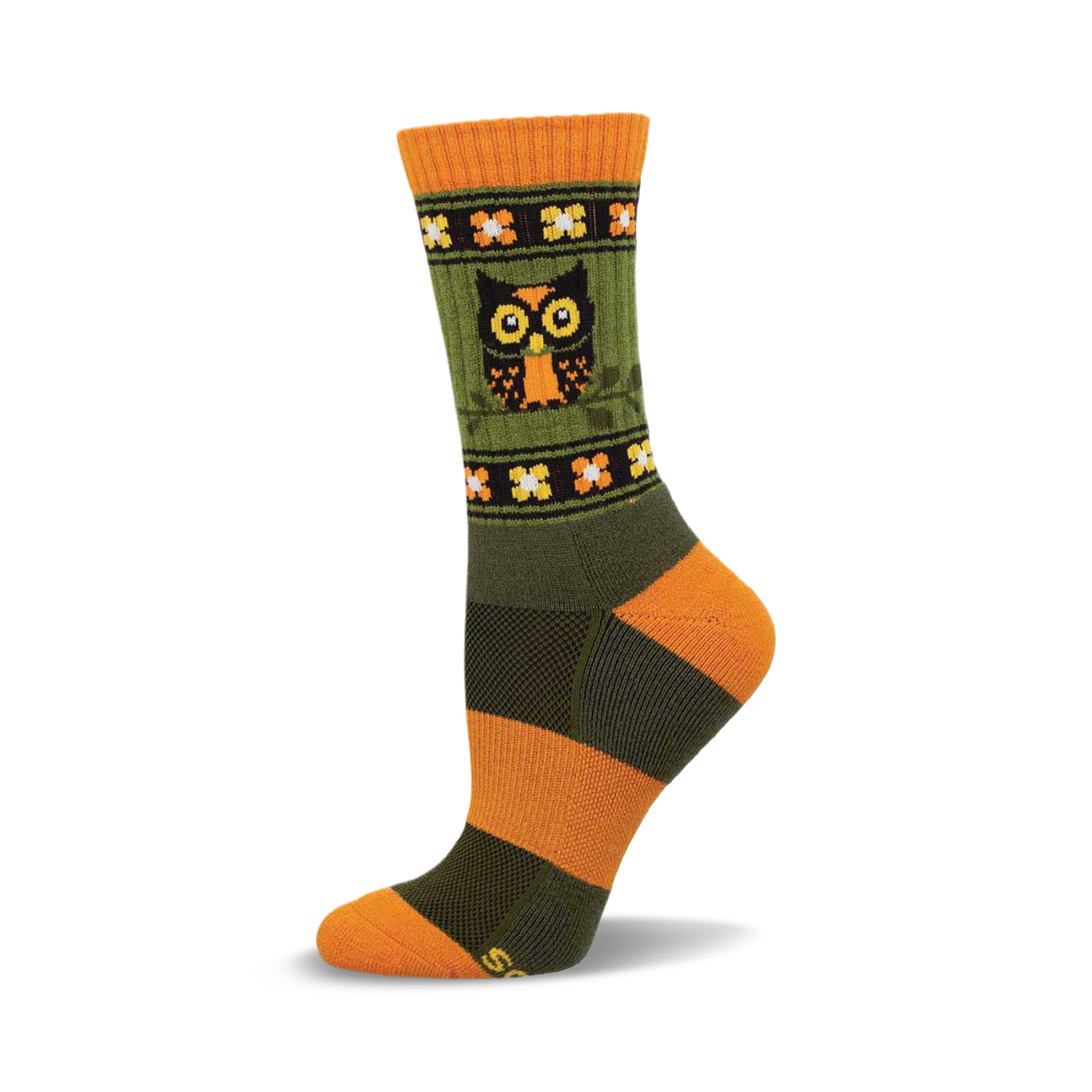Crew socks in olive green and burnt orange with a repeating floral pattern and a central owl image.