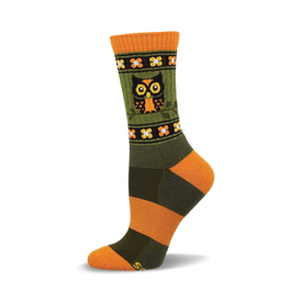 a single green and orange sock with an owl design.  the sock is striped with orange and green and has an owl on the front.  the sock has a small white flower design near the top.  the sock is rolled down.