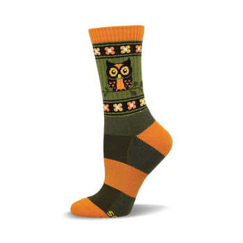 a single green and orange sock with an owl design.  the sock is striped with orange and green and has an owl on the front.  the sock has a small white flower design near the top.  the sock is rolled down.