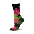 Crew socks in black, green, and pink.  A large pink water lily is prominently featured on the upper part of the sock.