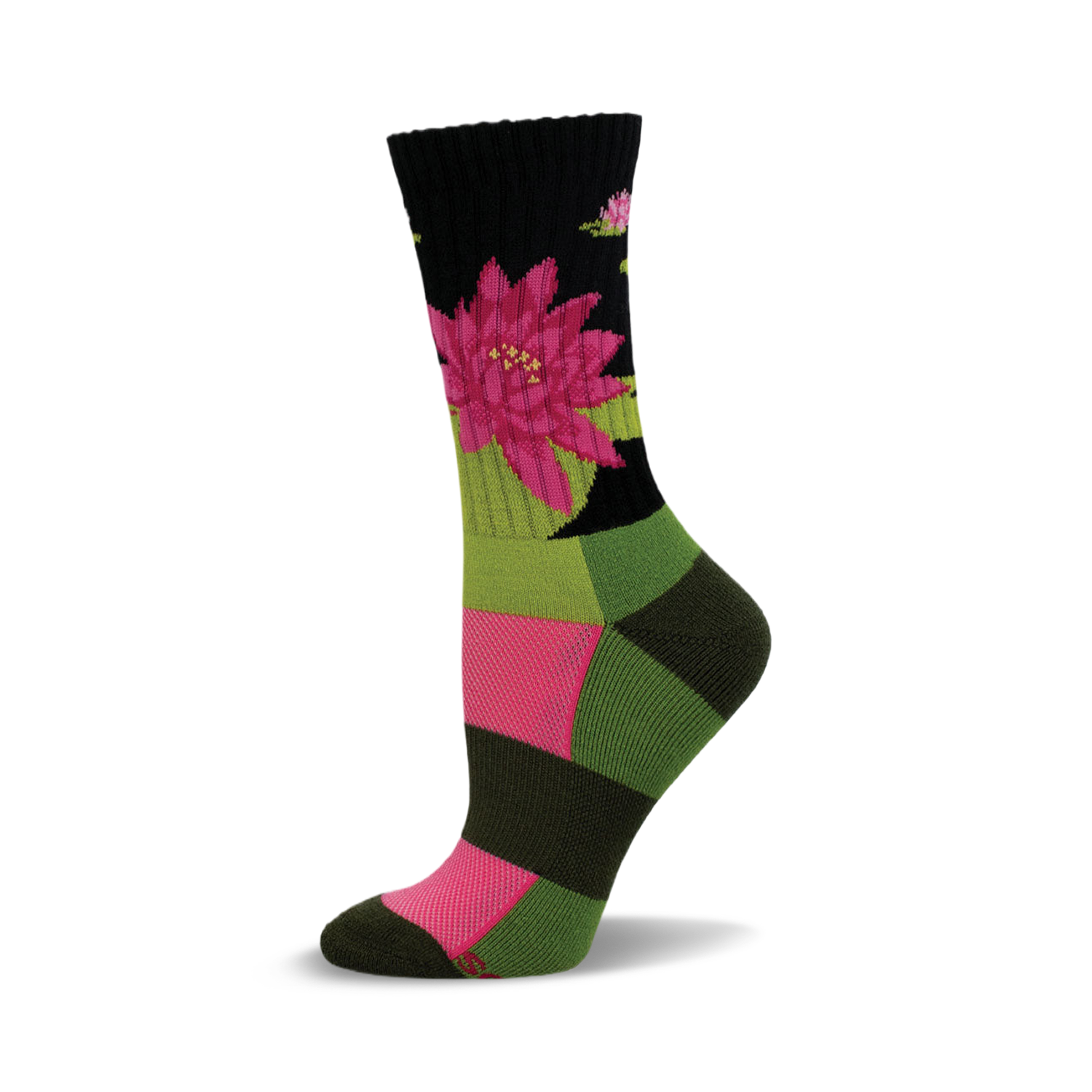 Crew socks in black, green, and pink.  A large pink water lily is prominently featured on the upper part of the sock.
