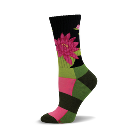 a single sock with a pink flower and green and black stripes.  the sock is on a white background.