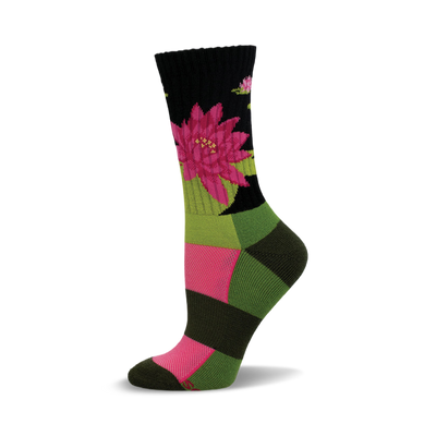 a single sock with a pink flower and green and black stripes.  the sock is on a white background.