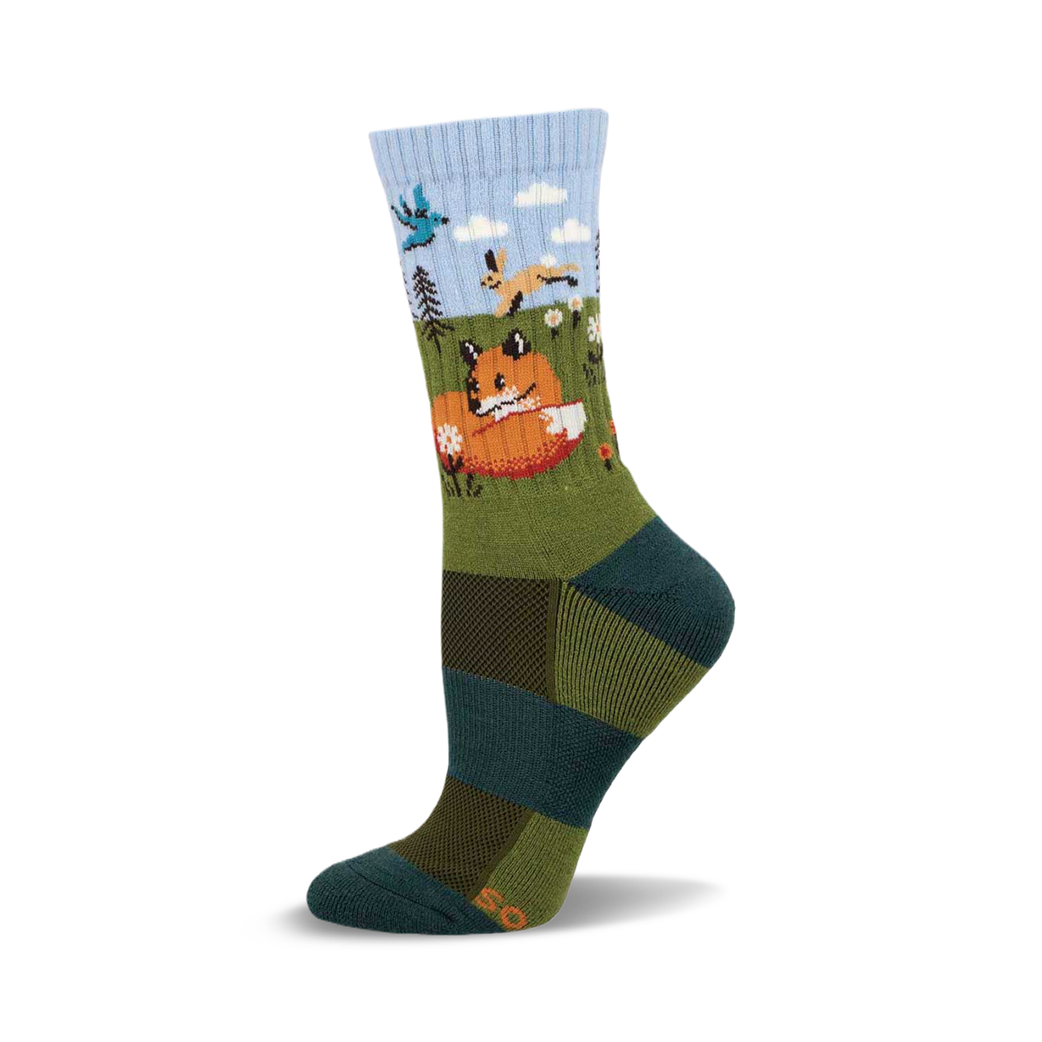 Crew socks in teal, olive, and light blue, featuring a whimsical illustration of a fox, hare, and bird in a forest scene.