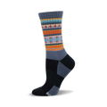 A side view of a crew wool sock in grey, orange, teal, and blue. The sock features a serape-inspired pattern in the mid-calf area.