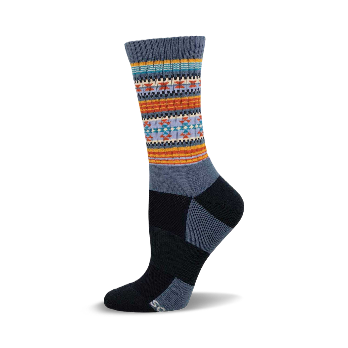 A side view of a crew wool sock in grey, orange, teal, and blue. The sock features a serape-inspired pattern in the mid-calf area.