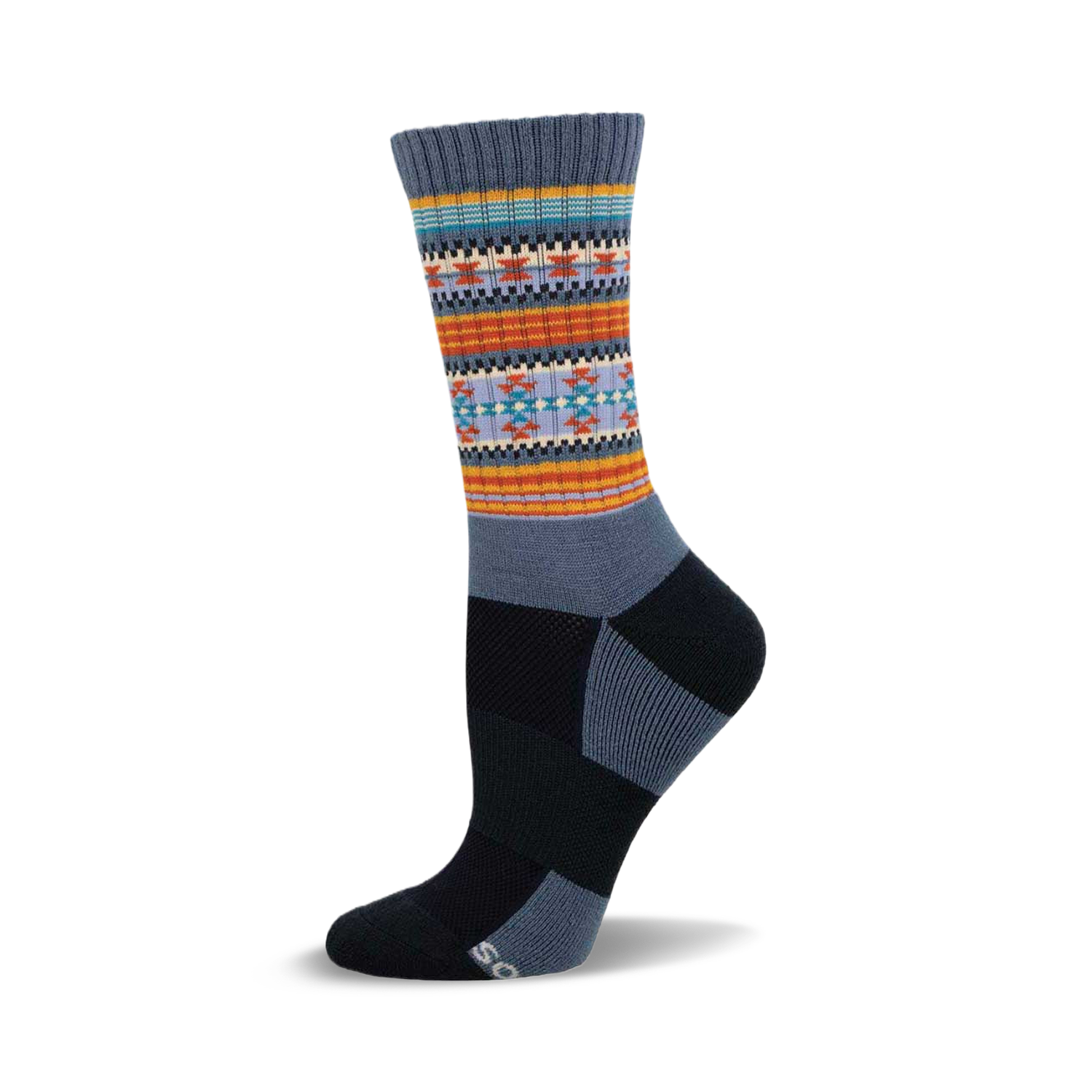 A side view of a crew wool sock in grey, orange, teal, and blue. The sock features a serape-inspired pattern in the mid-calf area.