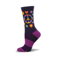 A side view of a purple wool crew sock with a rainbow peace sign, hearts, and flowers.  Striped purple and dark purple heel and sole.
