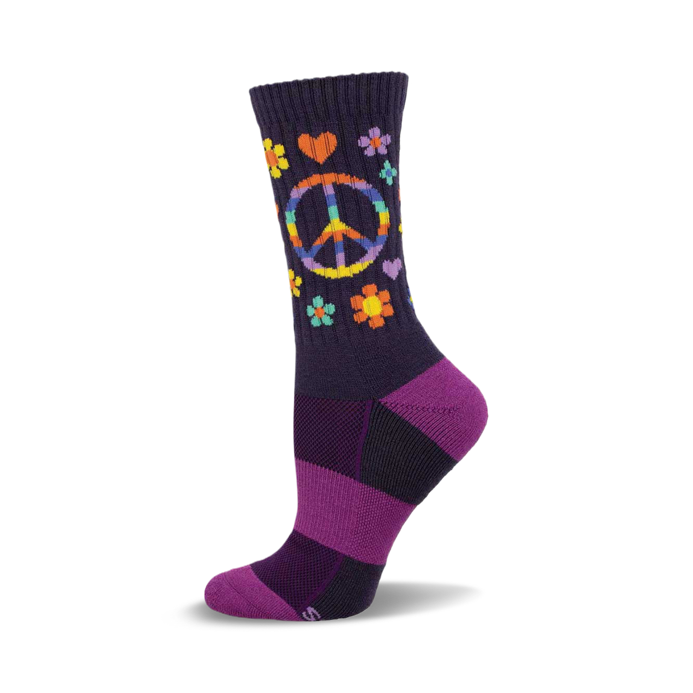 A side view of a purple wool crew sock with a rainbow peace sign, hearts, and flowers.  Striped purple and dark purple heel and sole.