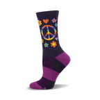 A side view of a purple wool crew sock with a rainbow peace sign, hearts, and flowers.  Striped purple and dark purple heel and sole.