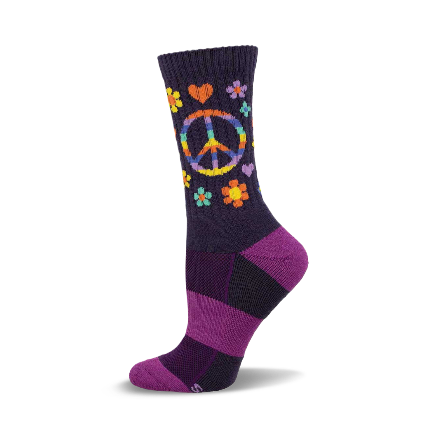 A side view of a purple wool crew sock with a rainbow peace sign, hearts, and flowers.  Striped purple and dark purple heel and sole.