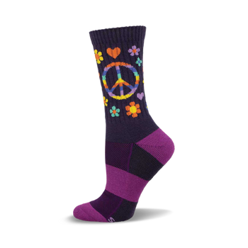 a purple sock with a peace sign and flowers on it. the sock has a purple and black stripe pattern at the bottom.