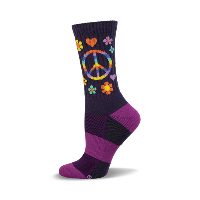 a purple sock with a peace sign and flowers on it. the sock has a purple and black stripe pattern at the bottom.