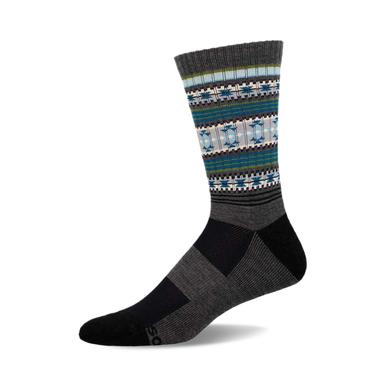 A single gray and teal wool crew sock with a serape-inspired pattern is shown.  The sock features geometric designs and a ribbed cuff.