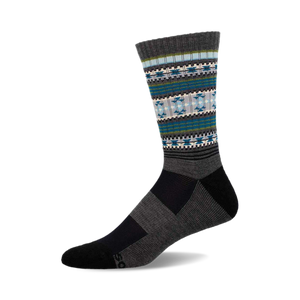 a grey sock with a blue, green, and white geometric pattern on the top of the sock.