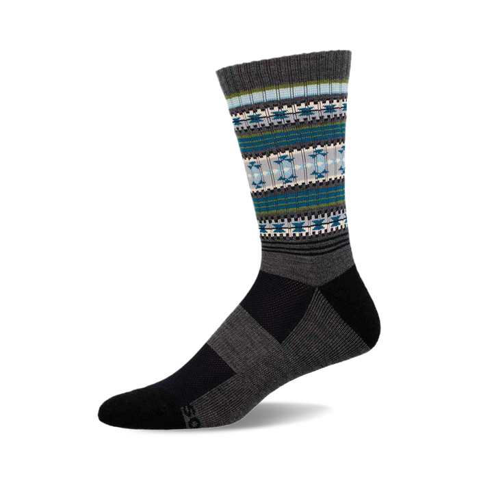 a grey sock with a blue, green, and white geometric pattern on the top of the sock.