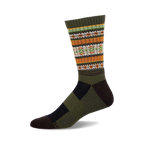 Lifestyle shot showing a pair of olive green Serape Wool socks with the same Southwestern-inspired pattern. The socks are styled on a person's feet.