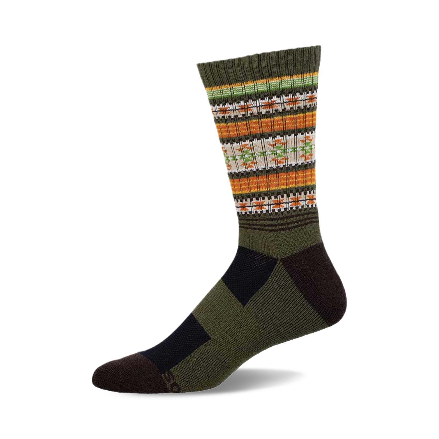 Lifestyle shot showing a pair of olive green Serape Wool socks with the same Southwestern-inspired pattern. The socks are styled on a person's feet.
