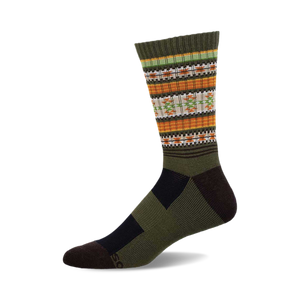 a green, orange, and brown patterned sock.