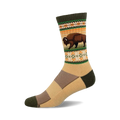 Cream crew socks with a brown bison graphic and green, orange, and white Native American-inspired pattern.