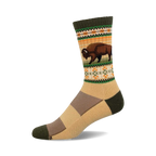 Cream crew socks with a brown bison graphic and green, orange, and white Native American-inspired pattern.