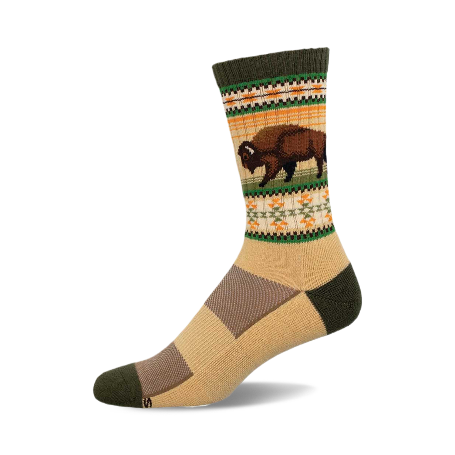 Cream crew socks with a brown bison graphic and green, orange, and white Native American-inspired pattern.