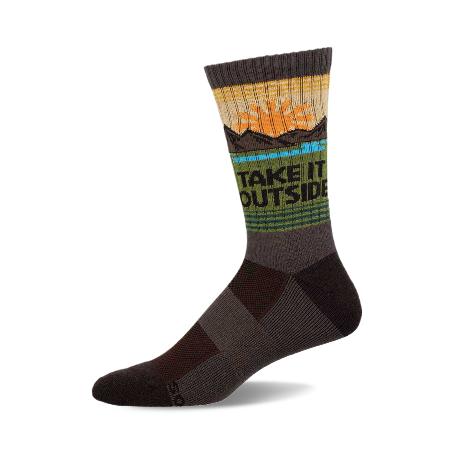 A crew wool sock in dark brown, olive green, and tan, showing a sunset and mountain graphic with the text 'TAKE IT OUTSIDE'.