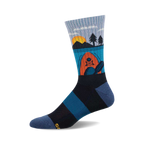Kayak at Sunrise Wool socks showcasing a crew sock style with blues, grays, oranges, and a kayak scene graphic.