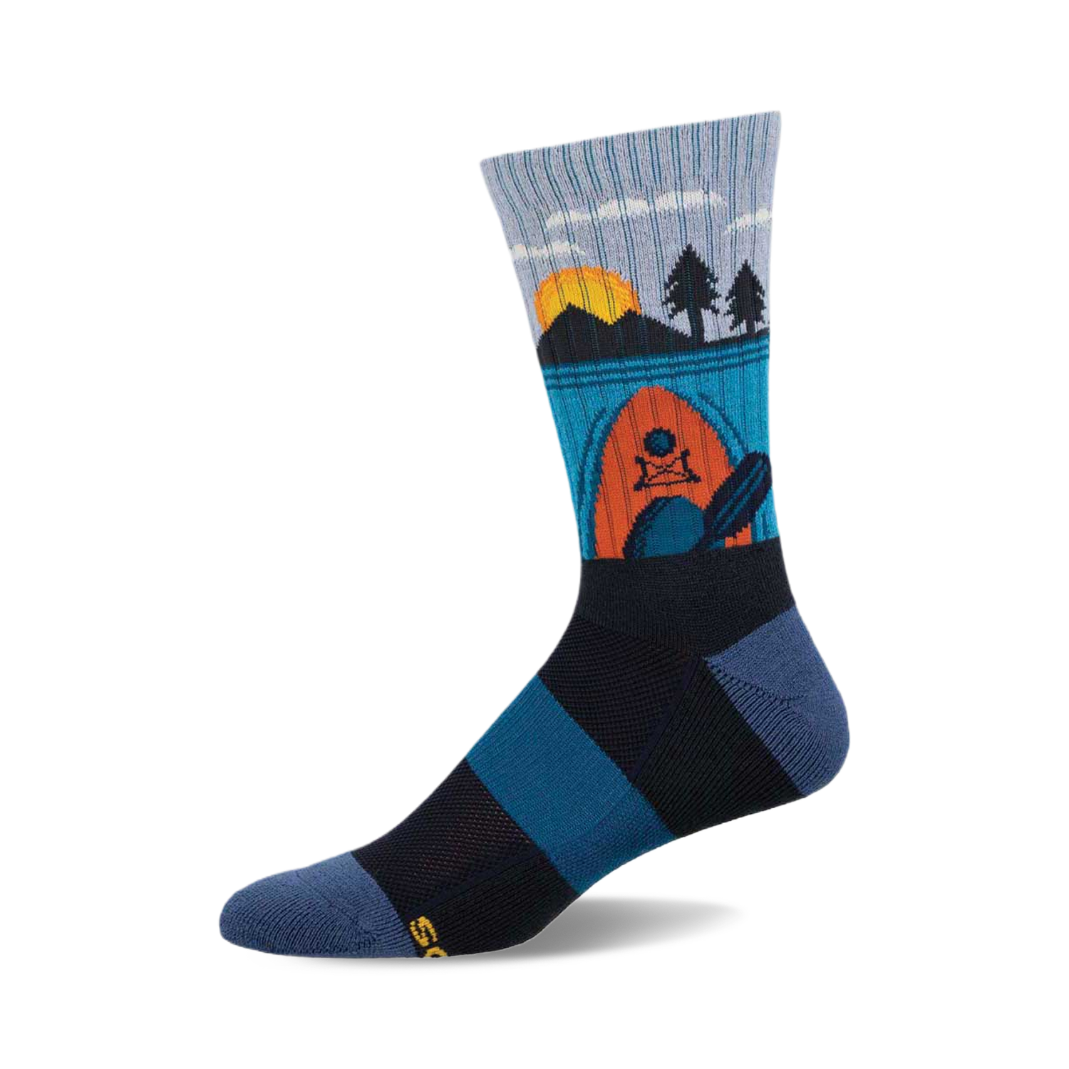 Kayak at Sunrise Wool socks showcasing a crew sock style with blues, grays, oranges, and a kayak scene graphic.