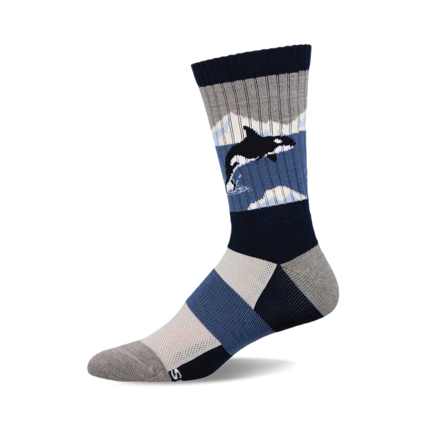 Crew socks showcasing an orca whale amid icy blue and gray geometric patterns.  Features a navy blue, gray, and light blue color scheme.