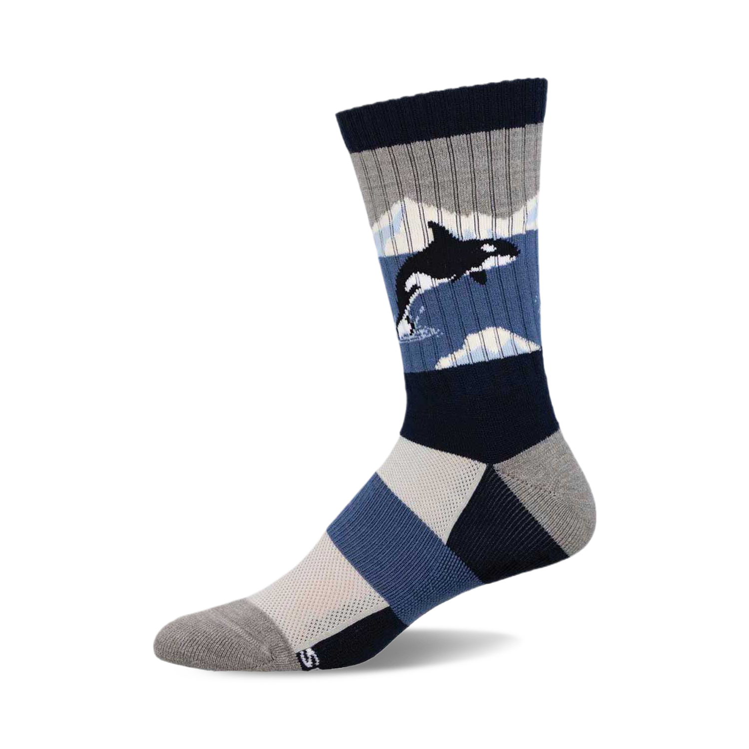Crew socks showcasing an orca whale amid icy blue and gray geometric patterns.  Features a navy blue, gray, and light blue color scheme.