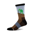 Crew socks in brown, blue, and black featuring a cartoon turtle digging a hole.  Made with a wool blend.