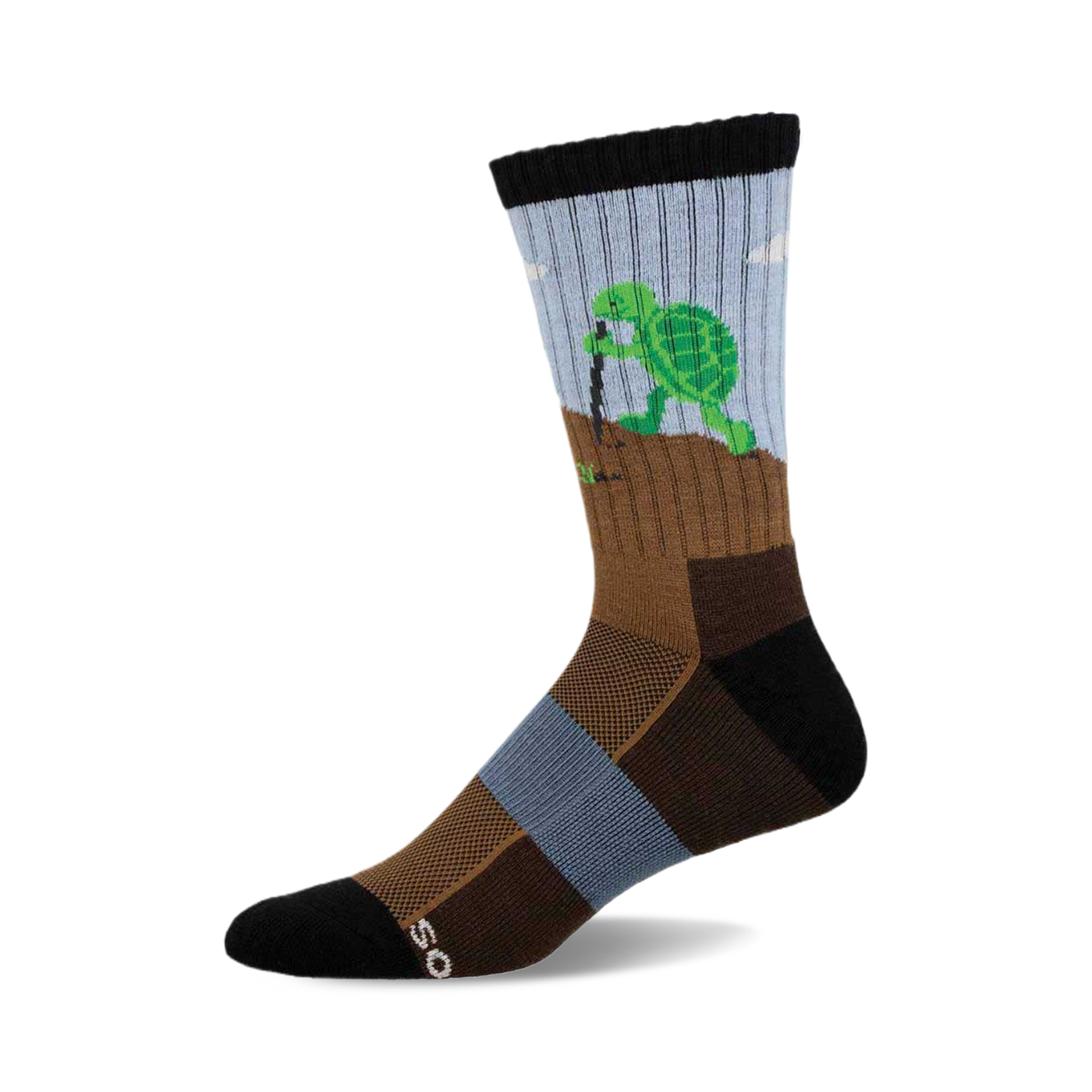 Crew socks in brown, blue, and black featuring a cartoon turtle digging a hole.  Made with a wool blend.