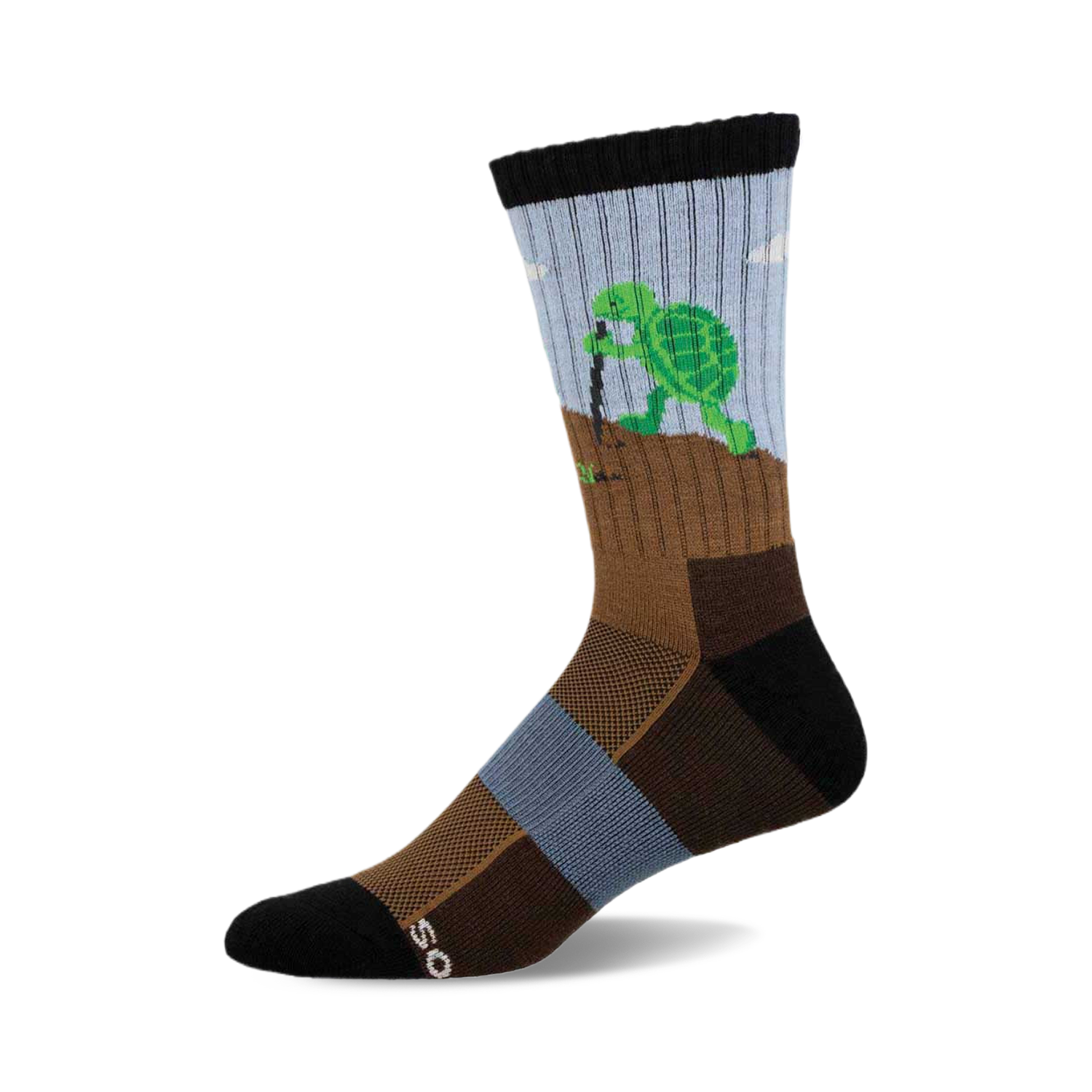 Crew socks in brown, blue, and black featuring a cartoon turtle digging a hole.  Made with a wool blend.
