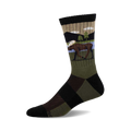 Crew socks in olive green, black, and beige, featuring a moose illustration and mountain landscape print.