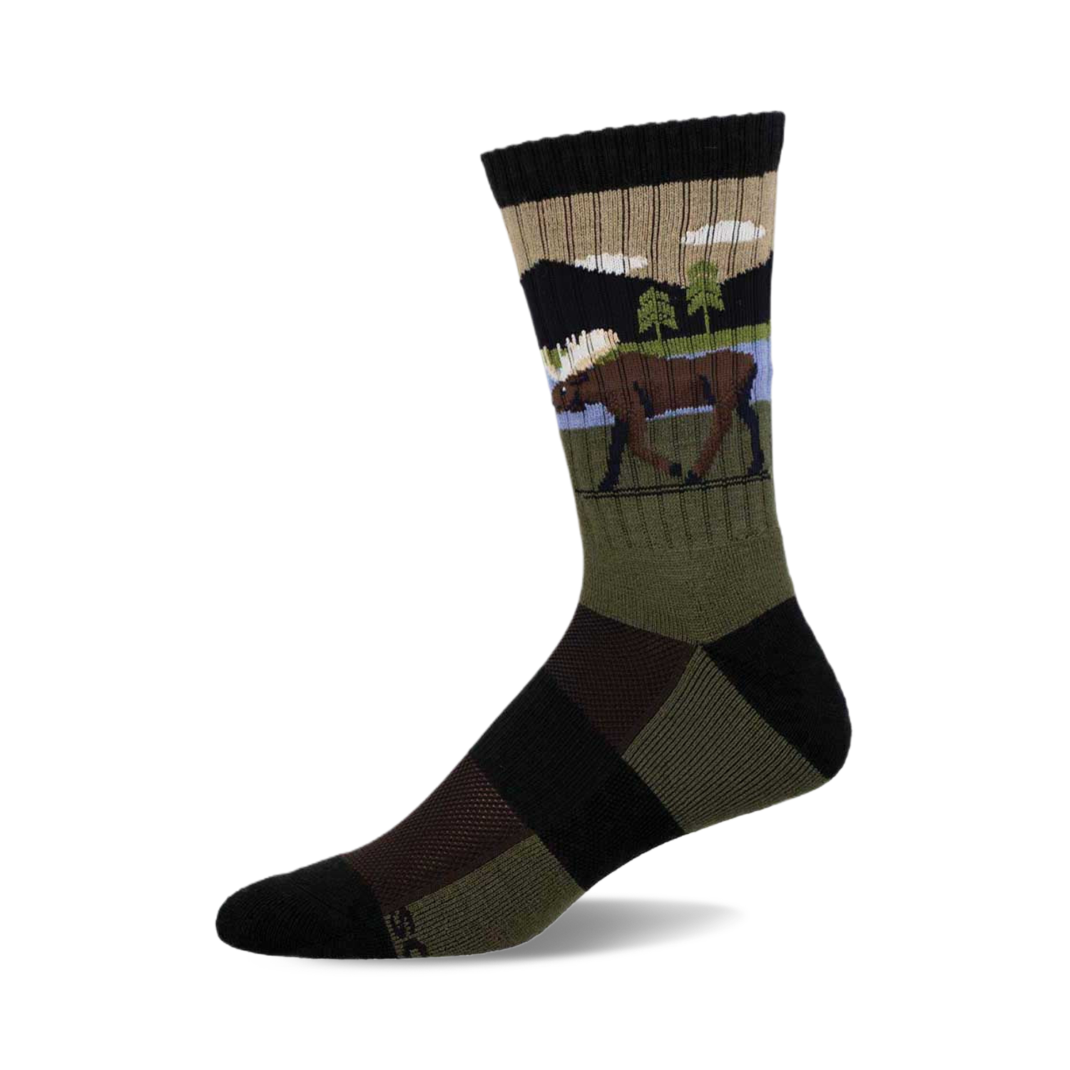 Crew socks in olive green, black, and beige, featuring a moose illustration and mountain landscape print.