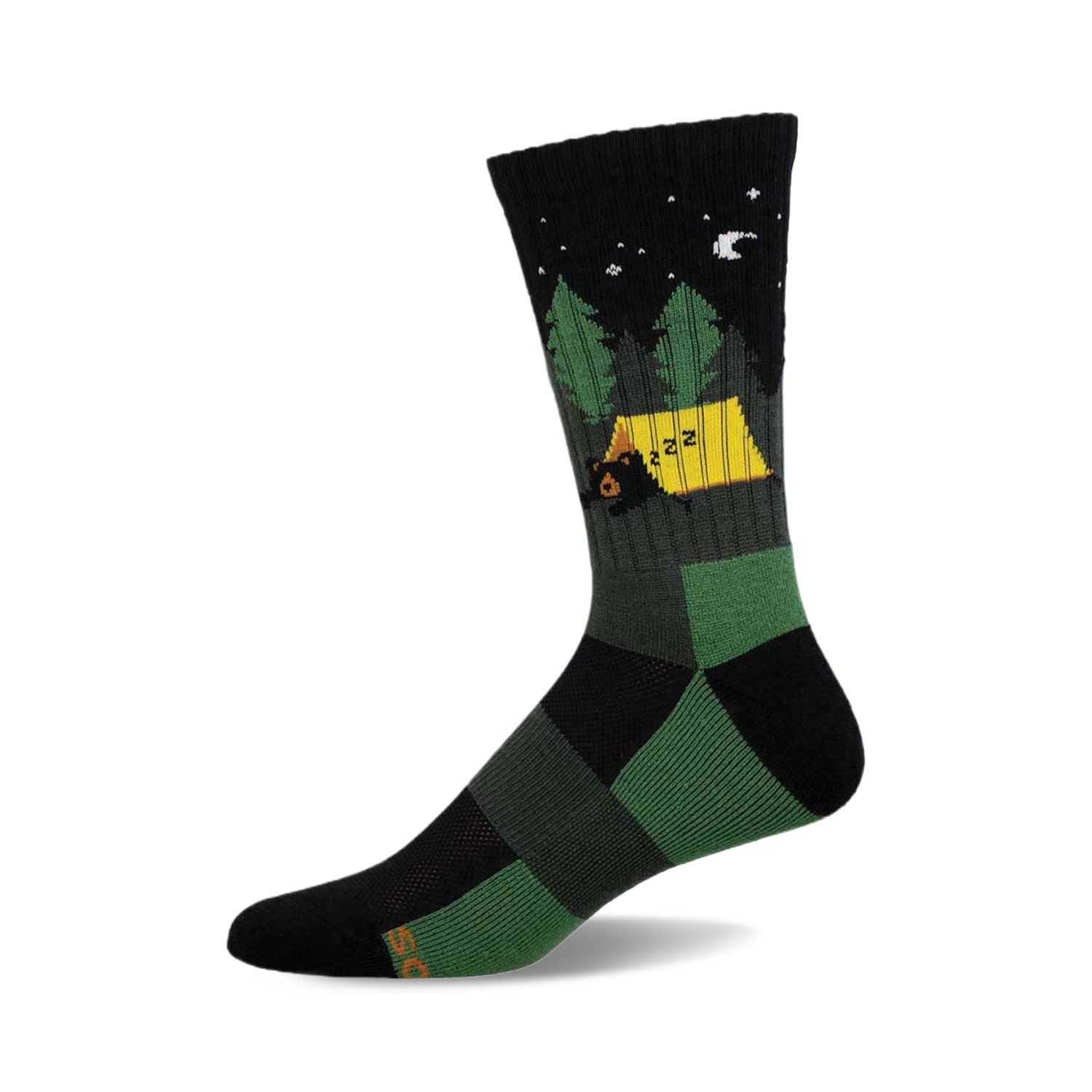 Crew socks in black and green featuring a bear sleeping in a yellow tent surrounded by pine trees at night.