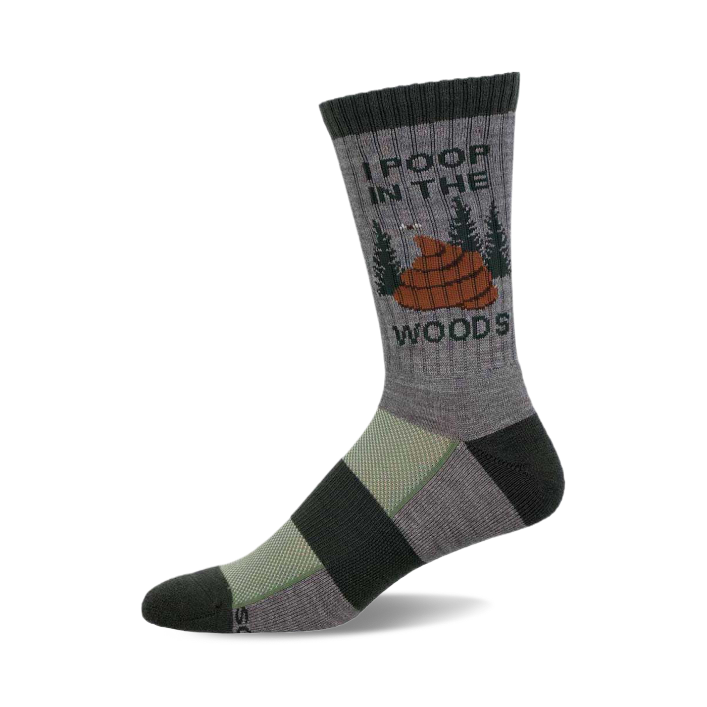 A gray crew wool sock with a humorous graphic of poop in the woods, accented with green and dark gray stripes at the bottom.