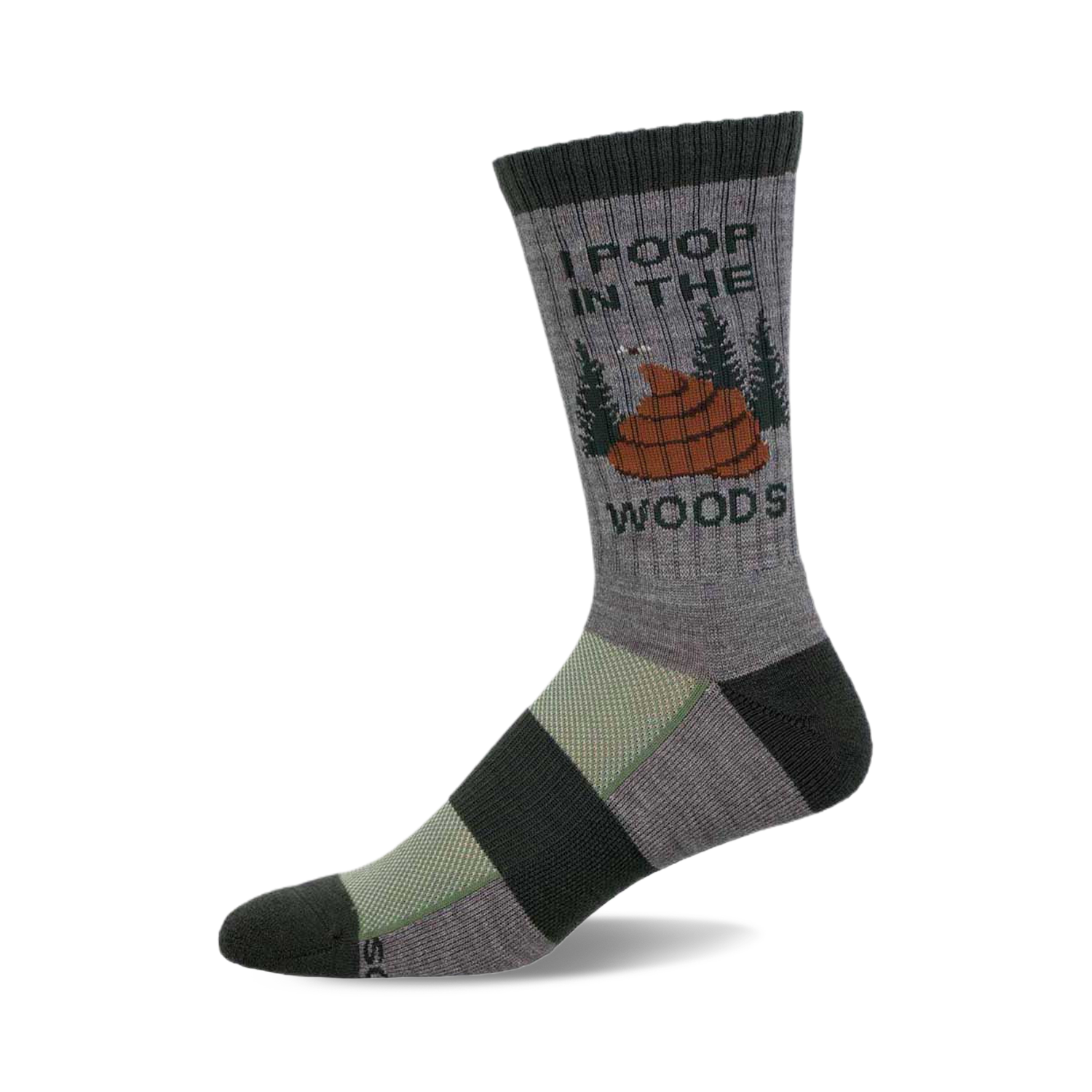 A gray crew wool sock with a humorous graphic of poop in the woods, accented with green and dark gray stripes at the bottom.