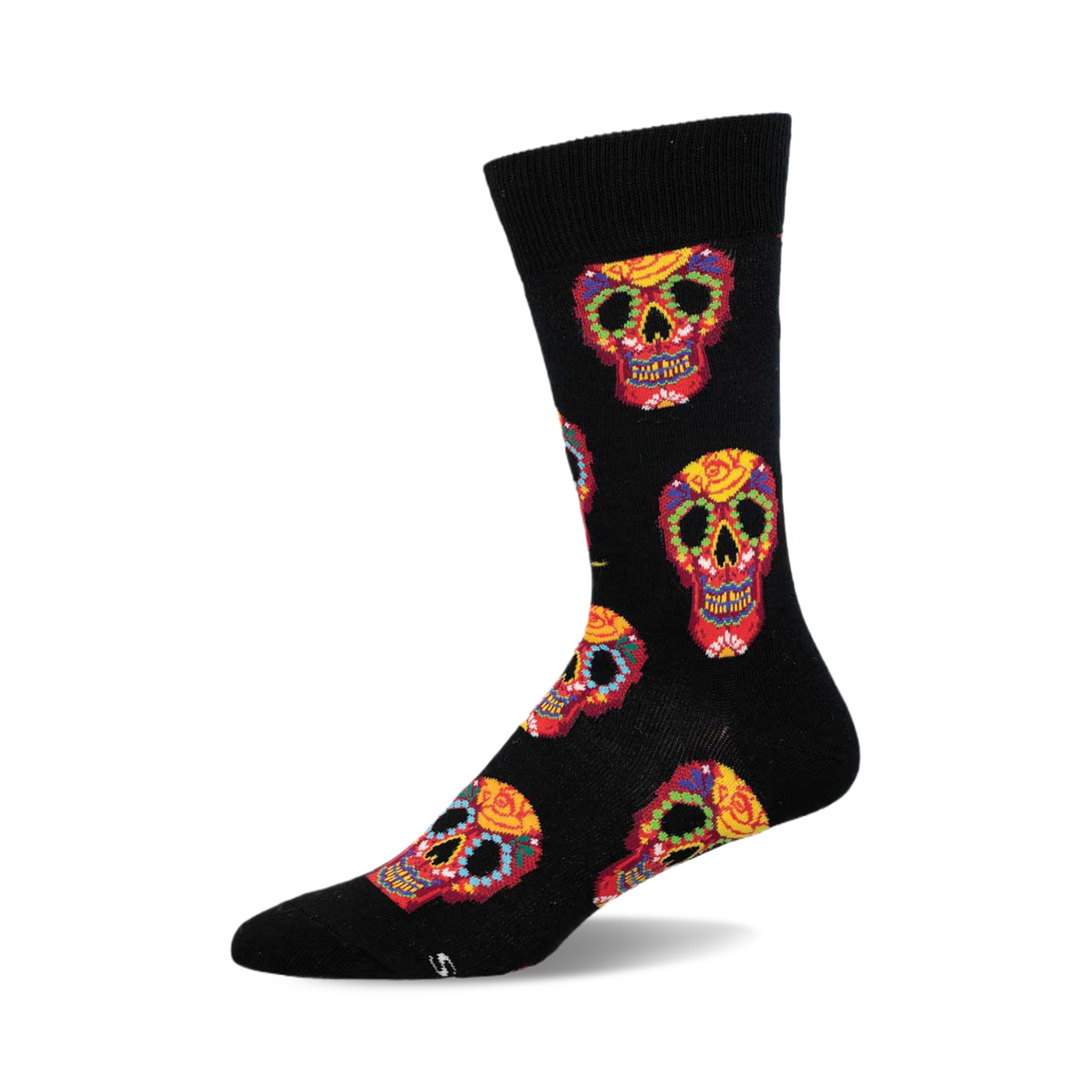 Crew socks in black with a colorful Dia De Los Muertos sugar skull pattern. Red, yellow, and other colors are used for the skull designs.