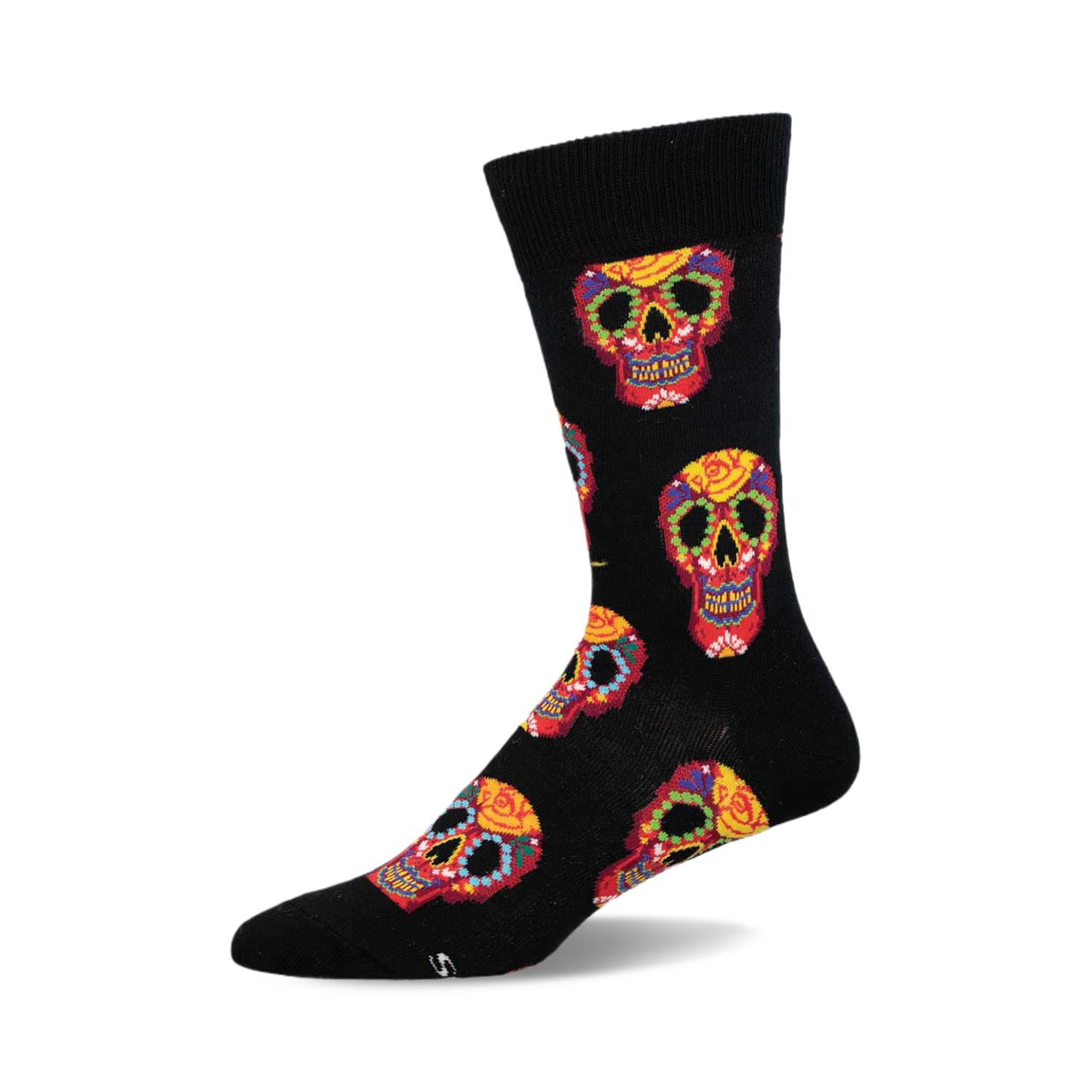 Crew socks in black with a colorful Dia De Los Muertos sugar skull pattern. Red, yellow, and other colors are used for the skull designs.