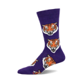 Purple crew socks with a repeating pattern of orange tiger faces.  A fun and fierce addition to any outfit!
