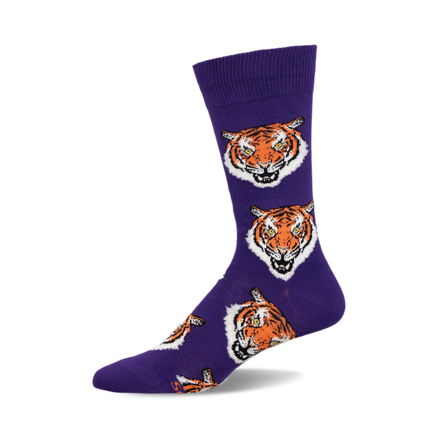 Purple crew socks with a repeating pattern of orange tiger faces.  A fun and fierce addition to any outfit!