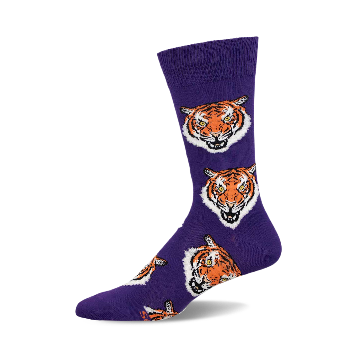 Purple crew socks with a repeating pattern of orange tiger faces.  A fun and fierce addition to any outfit!
