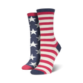Two women's crew socks. One sock is navy blue with white stars; the other is red and white stripes. 