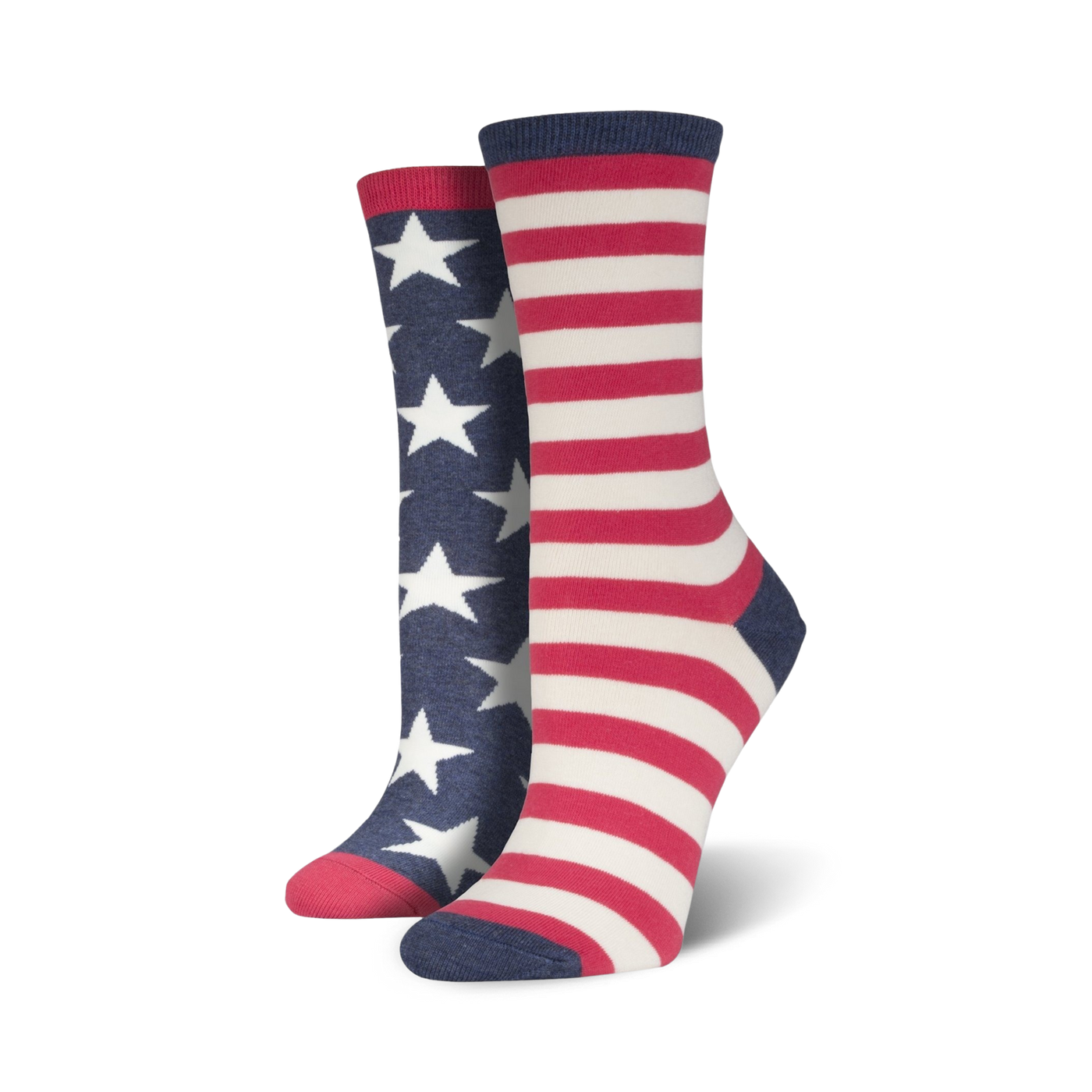 Two women's crew socks. One sock is navy blue with white stars; the other is red and white stripes. 