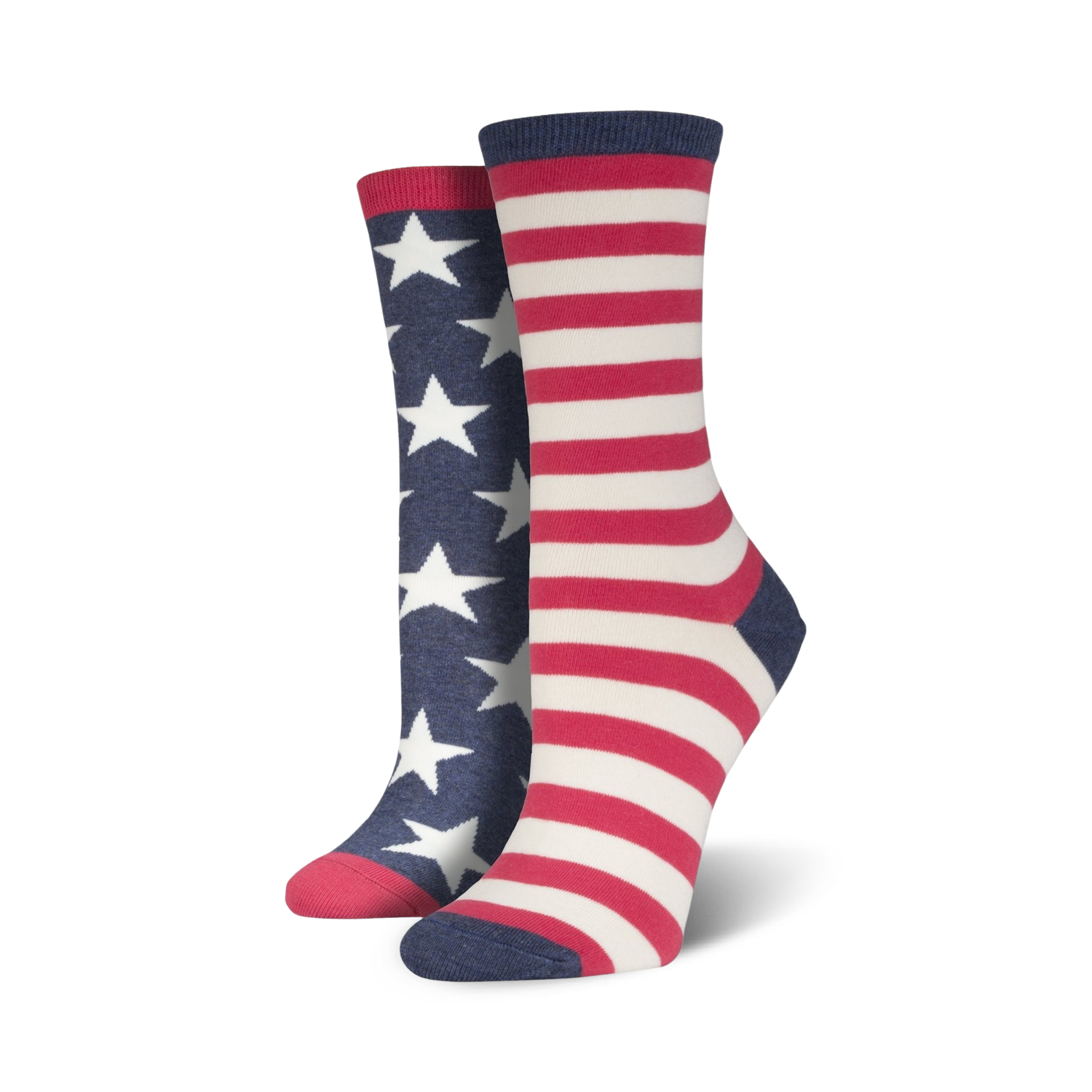Two women's crew socks. One sock is navy blue with white stars; the other is red and white stripes. 