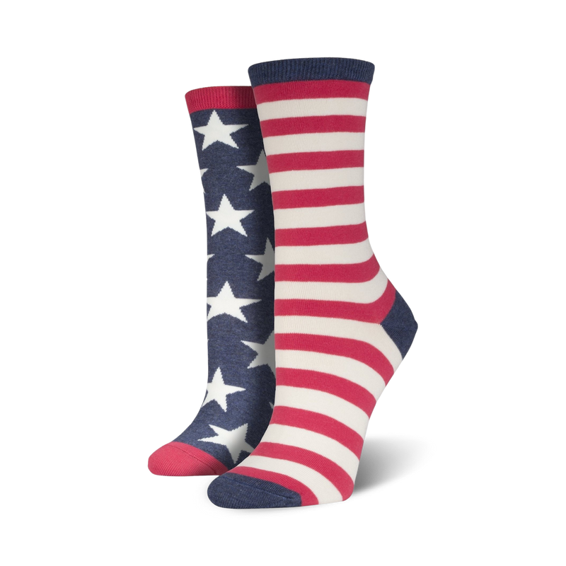 Two women's crew socks. One sock is navy blue with white stars; the other is red and white stripes. 